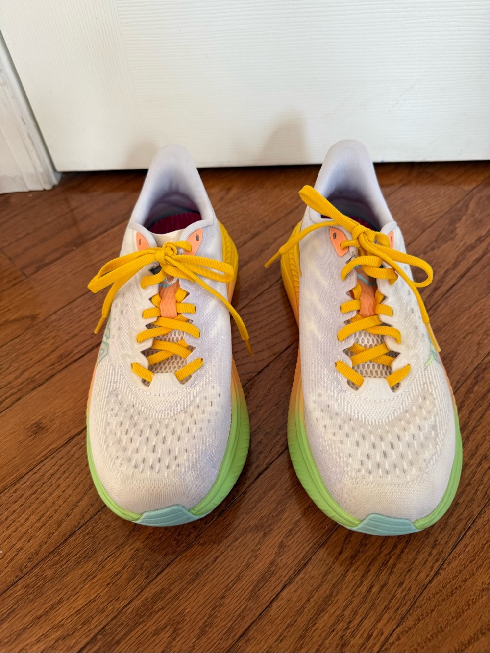 Women’s Hoka Mach 6 White Sneakers with Yellow Laces and Green Soles